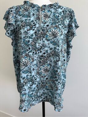 LOFT Light Blue Floral Ruffled Sleeve Blouse